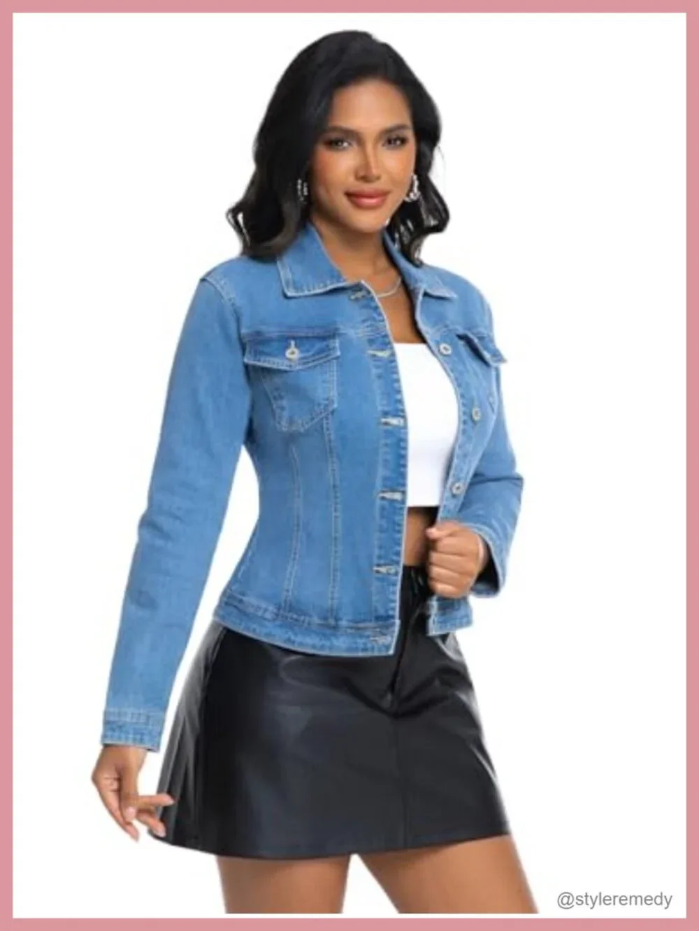 Cropped Denim Jacket Slim Fit Stretchy Button Down Long Sleeve with Pockets